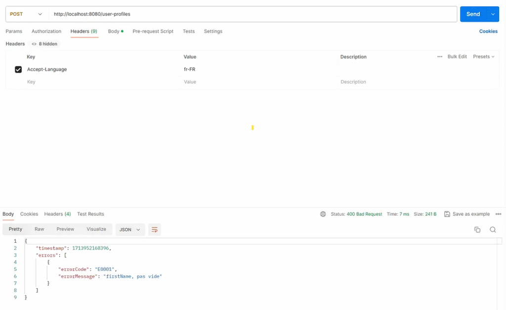 Request and response on Postman.