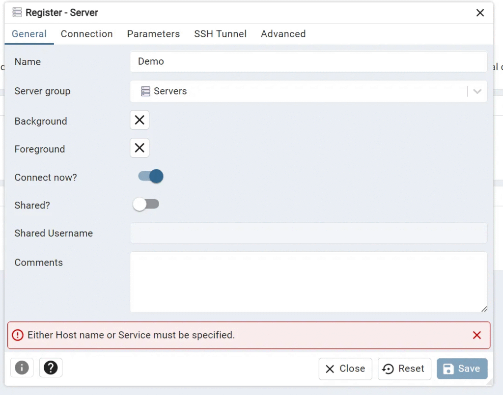 General tab for add PostgreSQL database server
