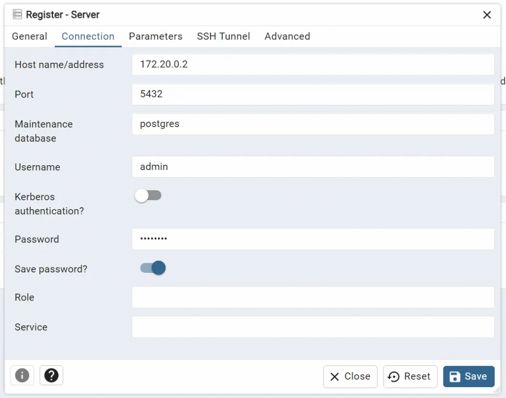 Connection tab for add PostgreSQL database server