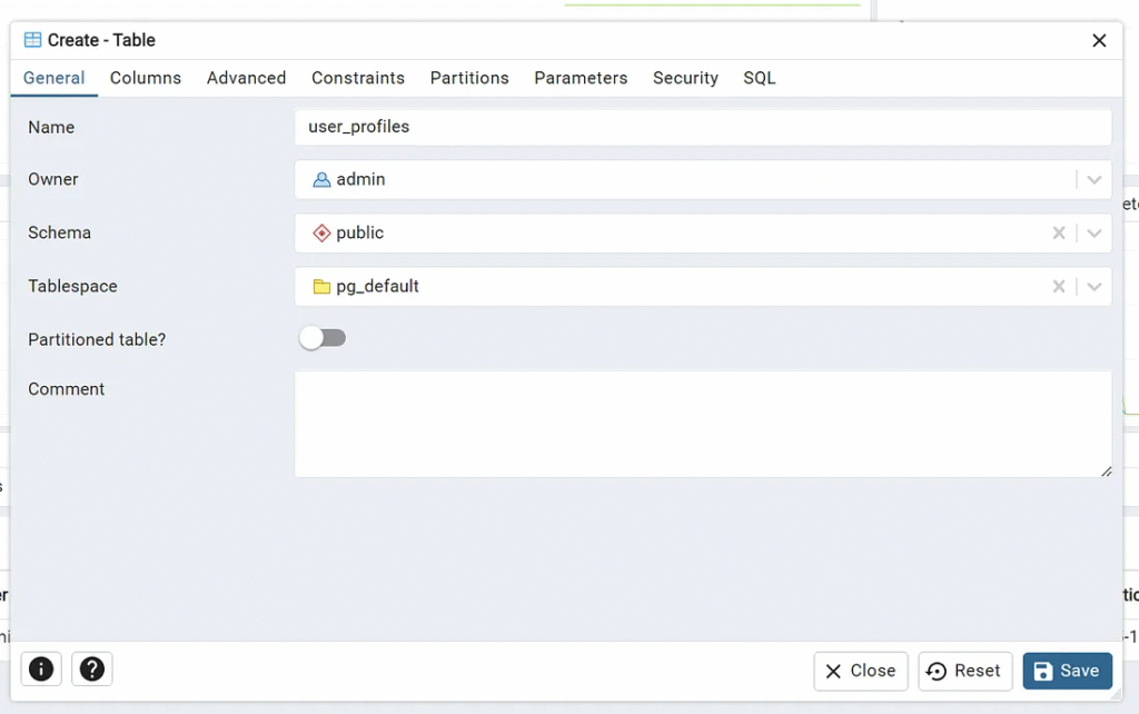 pgAdmin create table