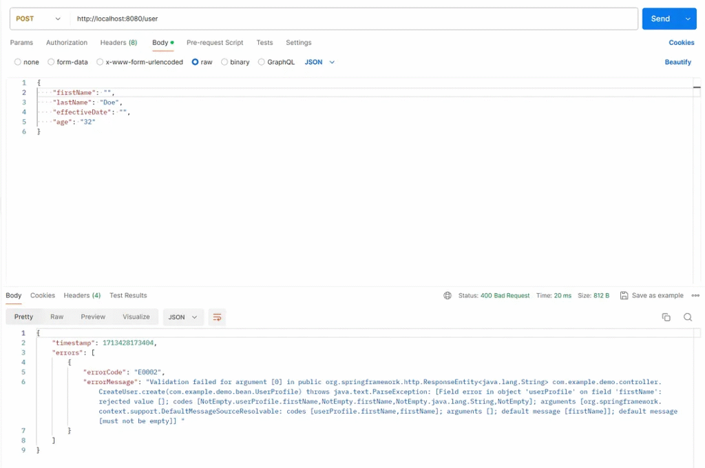 Request and response on Postman.
