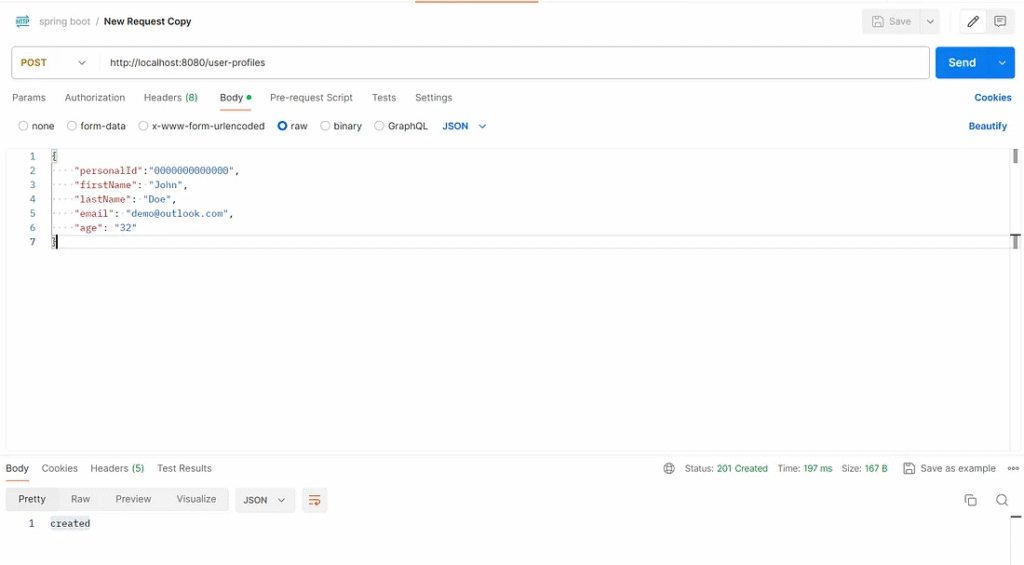 Request and response on Postman.