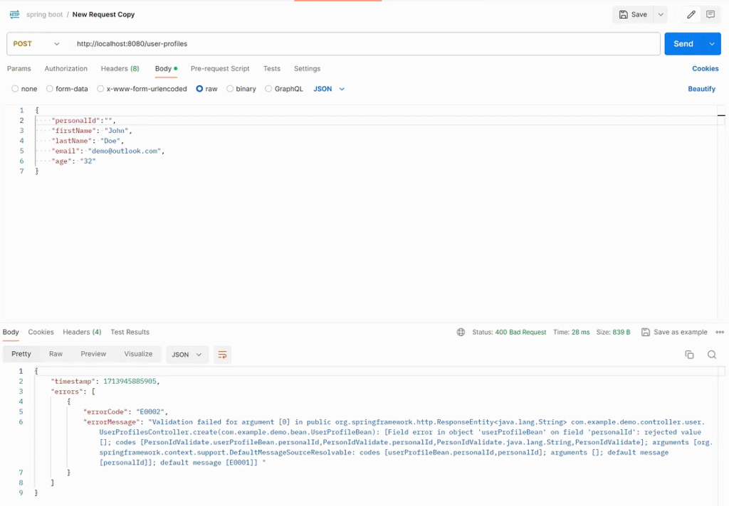 Request and response on Postman.