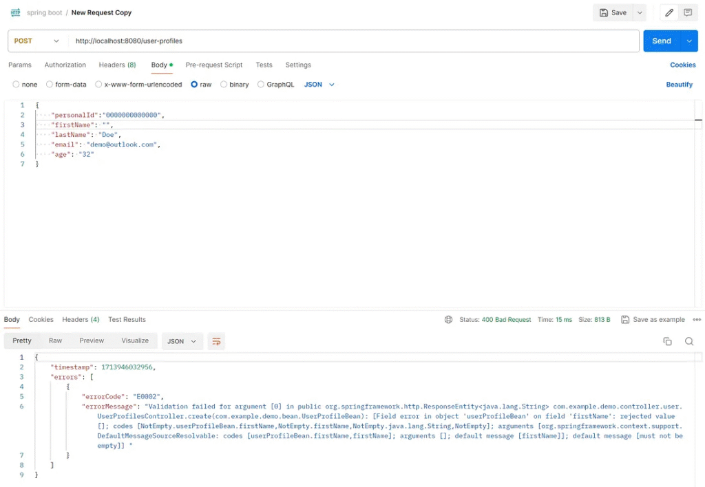 Request and response on Postman.