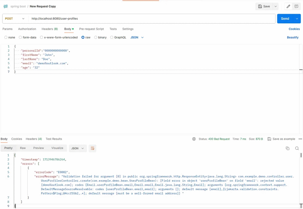 Request and response on Postman.